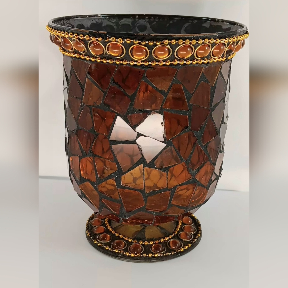 Amber Mosaic Glass Footed Votive Holder